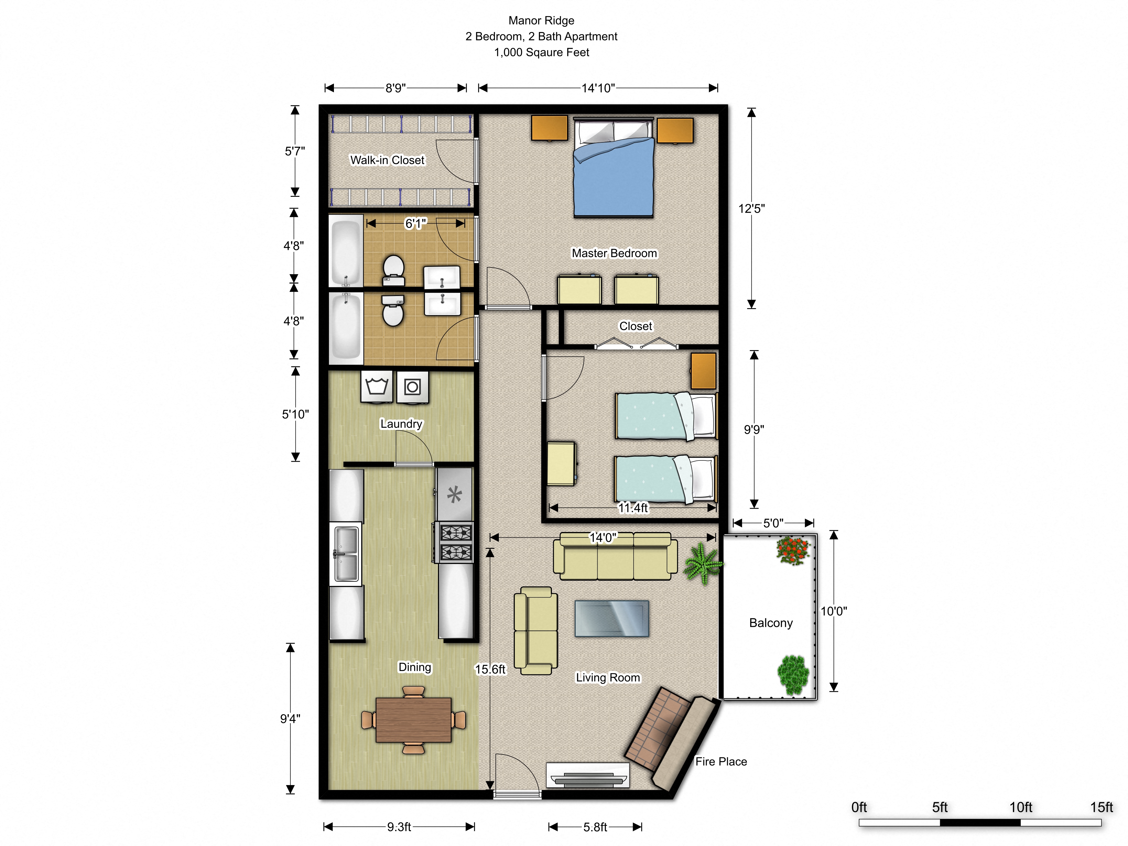 Floor plan for 2 beds, 2 baths, 1000 sqft